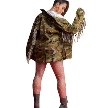

Unique design all seasons tassel camouflage long-sleeved jacket Locomotive sexy camouflage jacket fringed sleeves fashion casual