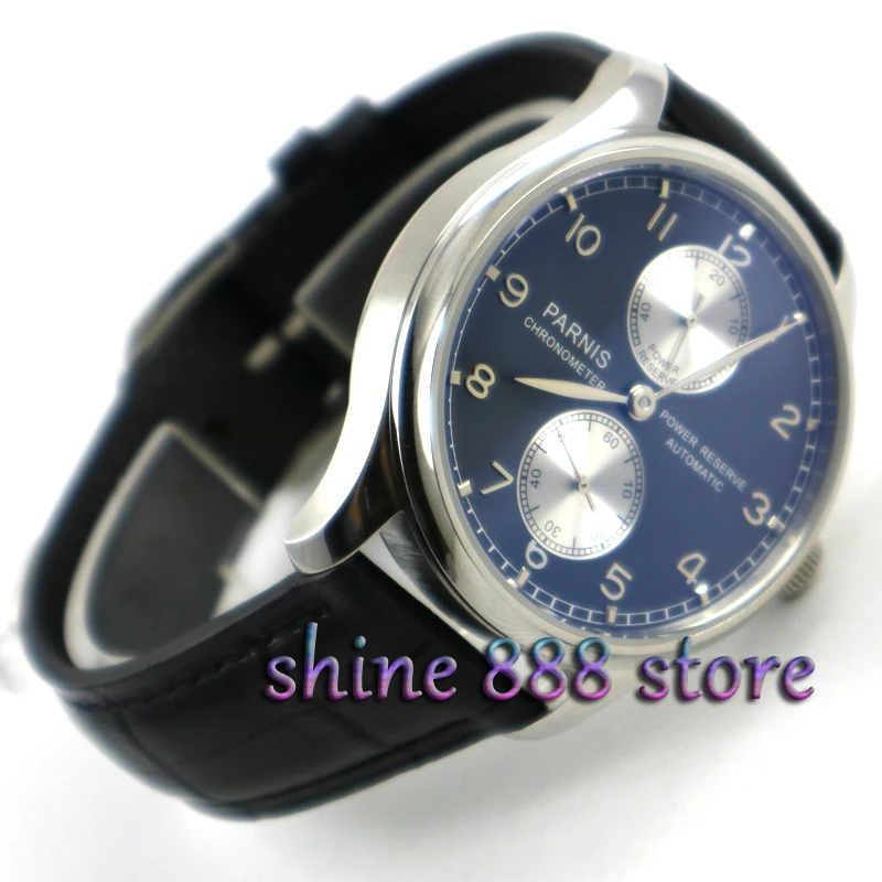 

Parnis 43mm Power reserve blue dial Black strap ST2542 Automatic movement Men's watch