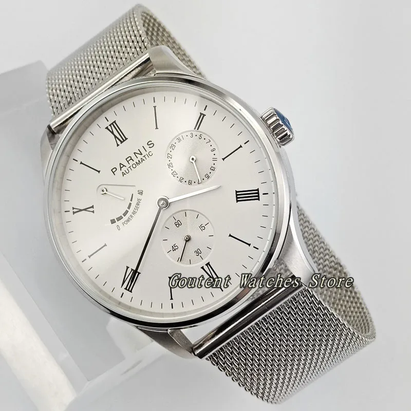 

42mm Parnis Date White Dial Seagull Power Reverse Small Second Automatic Men's Watch