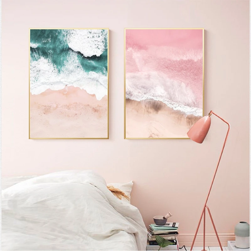 

Beach Print Aerial Pink Ocean View Canvas Painting Pictures Modern Minimalist Poster Nordic Style Living Room Home Wall Decor