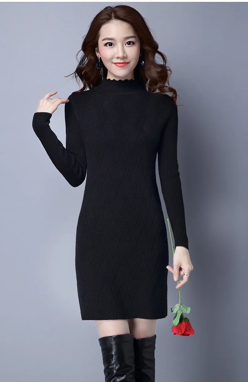 Women Dress 2016 Long Sleeves High Neck Knitting Dress Slim Autumn Winter Bottom Dresses 6