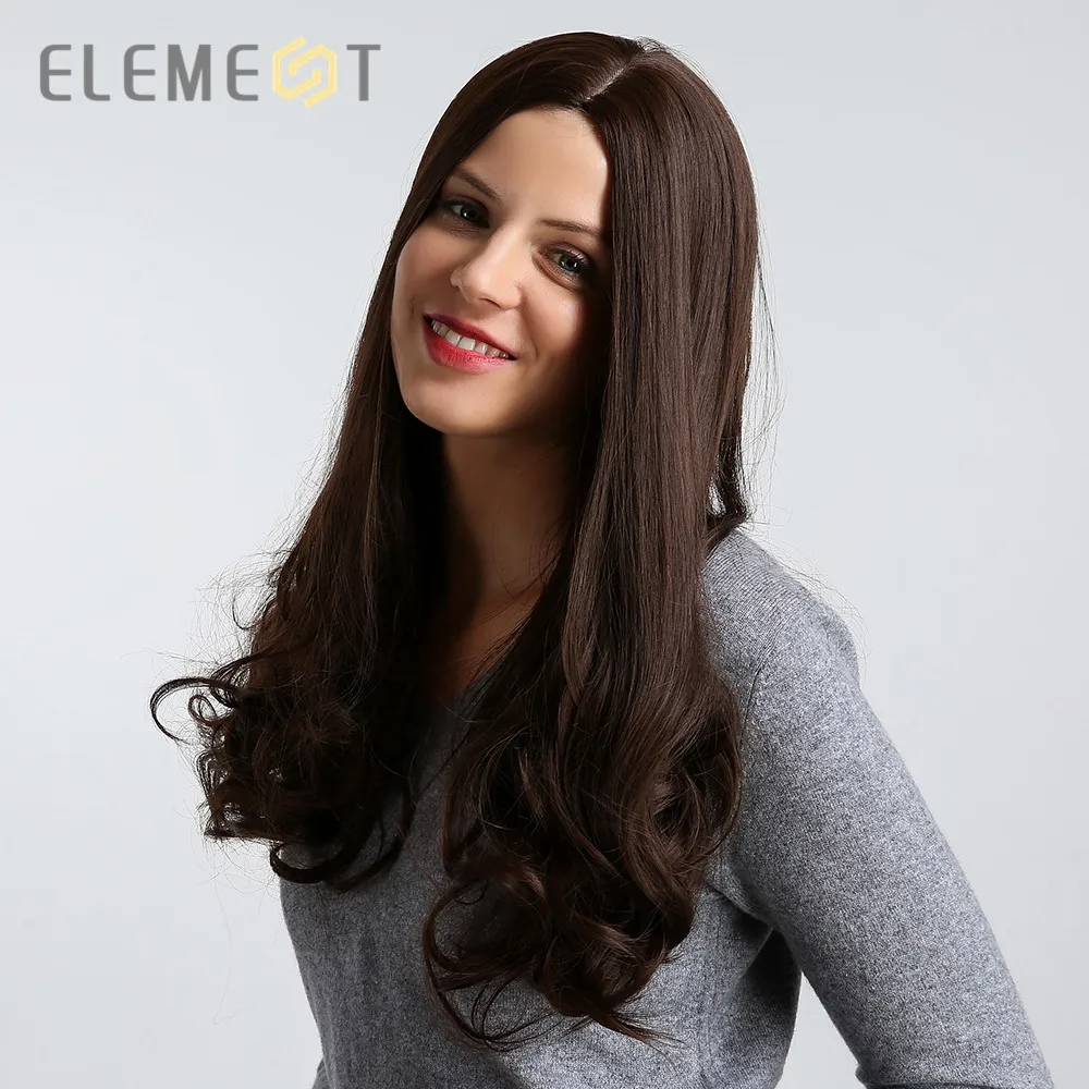 

Element 26 inch Long Synthetic Wig Natural Wave Middle Side Parting Dark Brown Color Heat Resistant Hair Wigs for Women