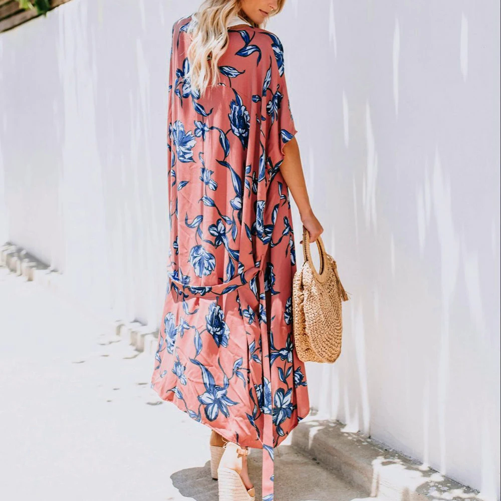 Blusas femininas elegante 2019 женское цветочное кимоно рукав три четверти шаль с принтом