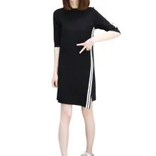 Летнее Полосатое Платье До Колена в Корейском стиле, прямые платья с коротким рукавом, женское черное Повседневное платье, уличная одежда