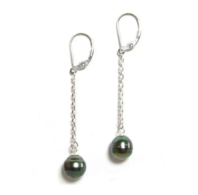 

9-10MM Tahitian peacock green Dangle Earrings 925silver