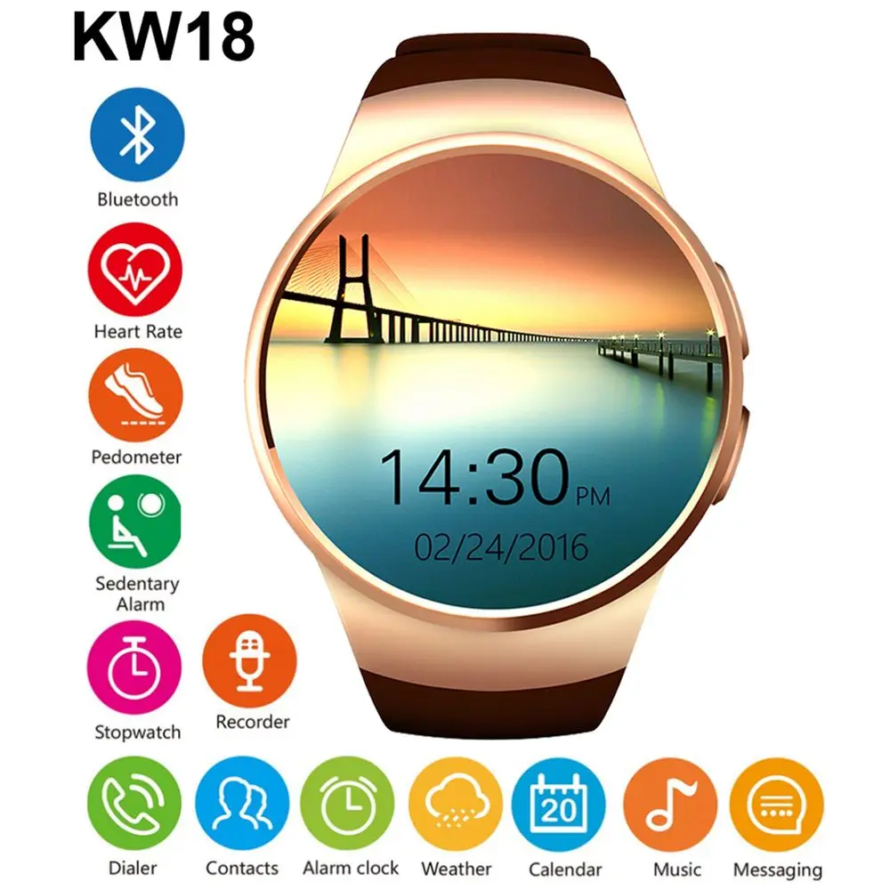 

KW18 Smart Watch Support SIM TF Card Heart Rate Monitor MTK2502 Smartwatch for Android IOS Phone with Box Touch Screen bluetooth