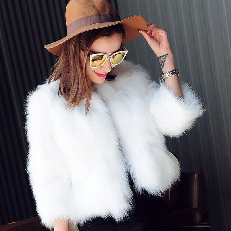 

2018 Fur Faux Short Coat Fur Black White Imitation Overcoat Rabbit Fur Style Jacket 3 /4 Sleeve Slim Fashion Xxxl
