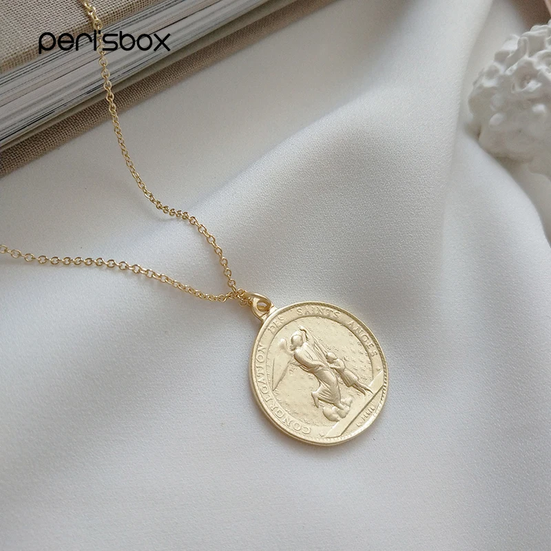 Peri'sBox золотого цвета, ожерелье с медальоном ангела для женщин, 925 пробы, серебряная монета, многослойное ожерелье, Детские подвески-чокеры