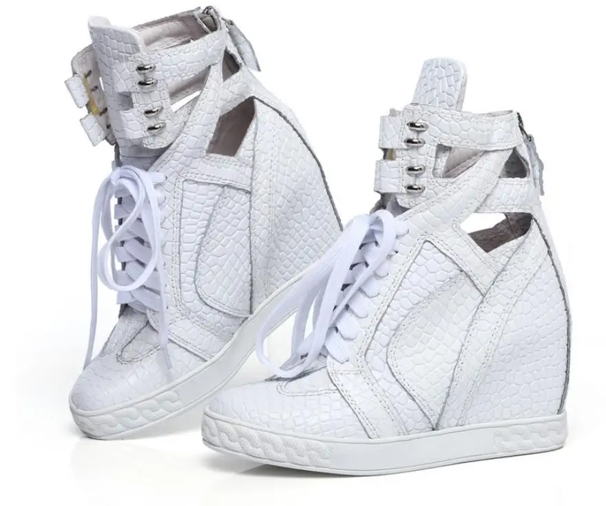 

High quality women's shoes leather genuine white hollow lace-up wedges