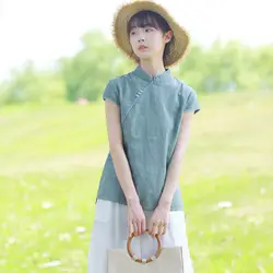 Китайские Блузки Лето Новый Ретро Национальный ветер стенд воротник рубашка пластина пуговицы с коротким рукавом рубашка женская