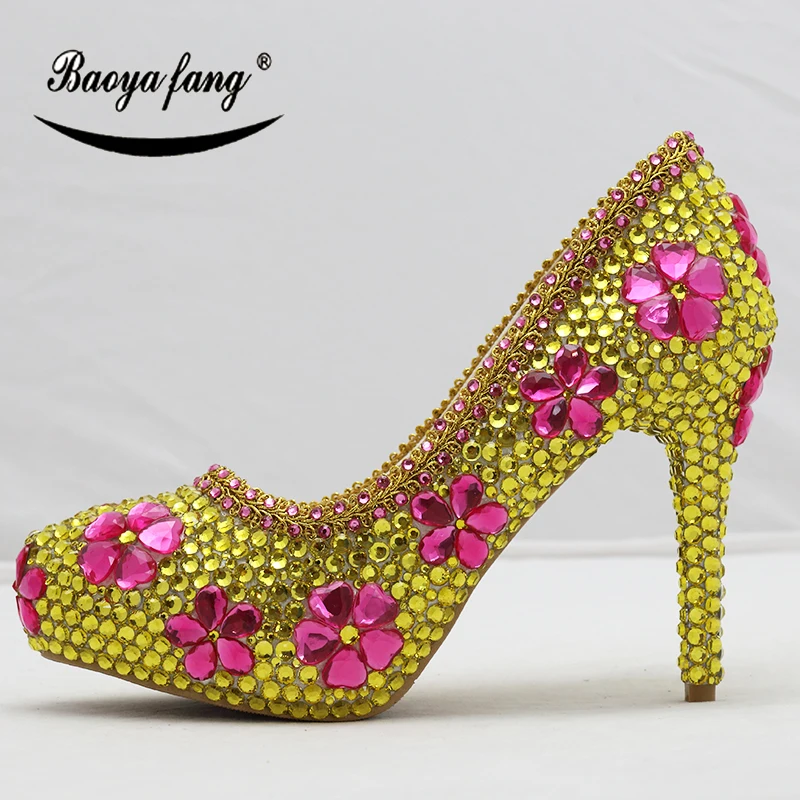 

Yellow Cyrstal Womens wedding shoes High heels platform shoes Ladies Paty Dress shoes for woman Pumps free shipping