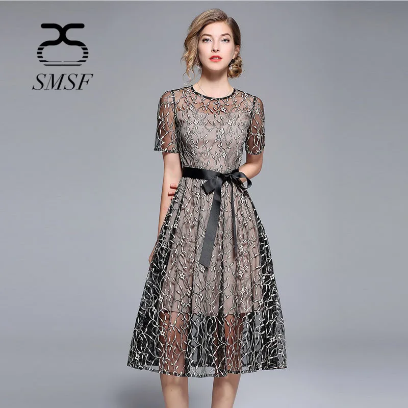 

SMSF Summer Dress 2018 Lace Dress Flower Hollow Out Elegant Dress Black Work Casual Slim Vintage Party Women's Dresses Vestido