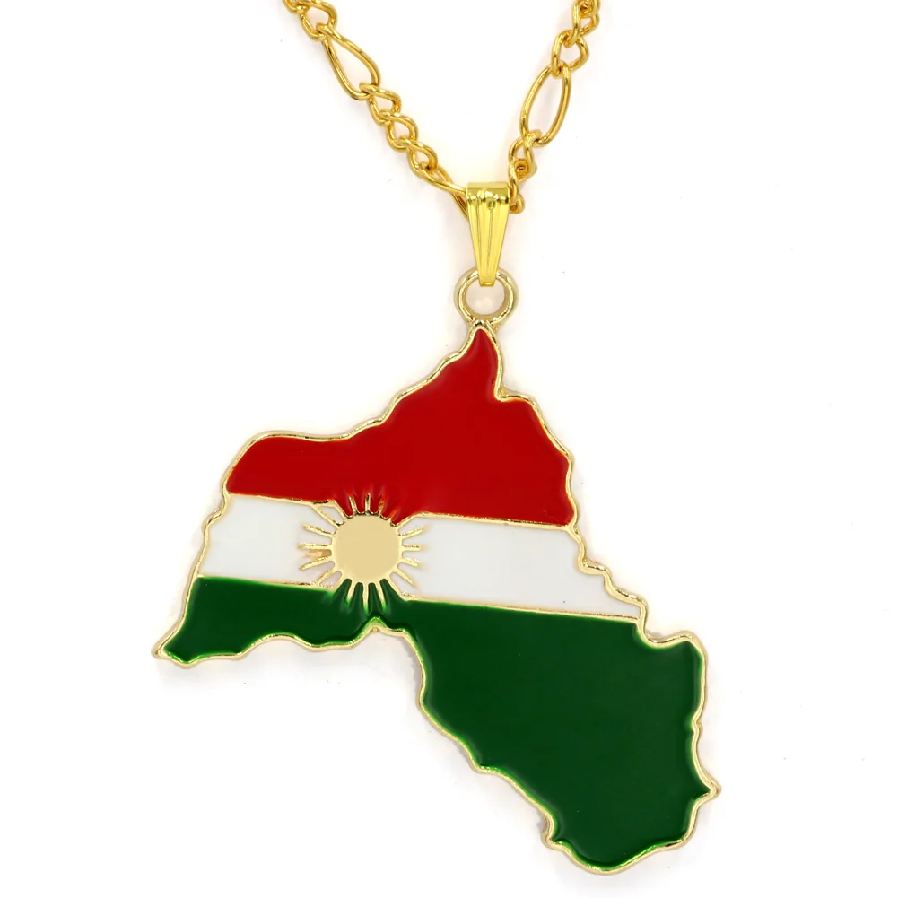 

Kurdistan Gold Enamel Pendant Necklace Flag Region Map Kurdish Large Chain