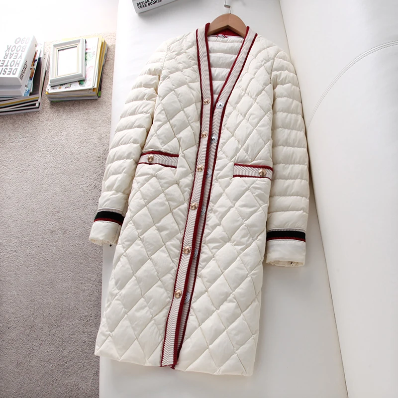 Женская зимняя модная повседневная куртка на 90% белом утином пуху, длинное пальто с v-образным вырезом, Высококачественная теплая верхняя одежда LY570