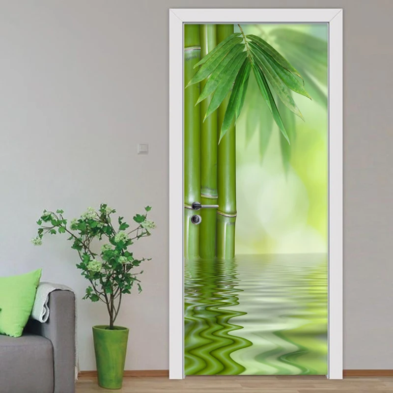 PVC Self-Adhesive Waterproof Door Sticker Modern 3D Green Bamboo Leaf Photo Wallpaper Living Room Home Decor Wall Mural Stickers |