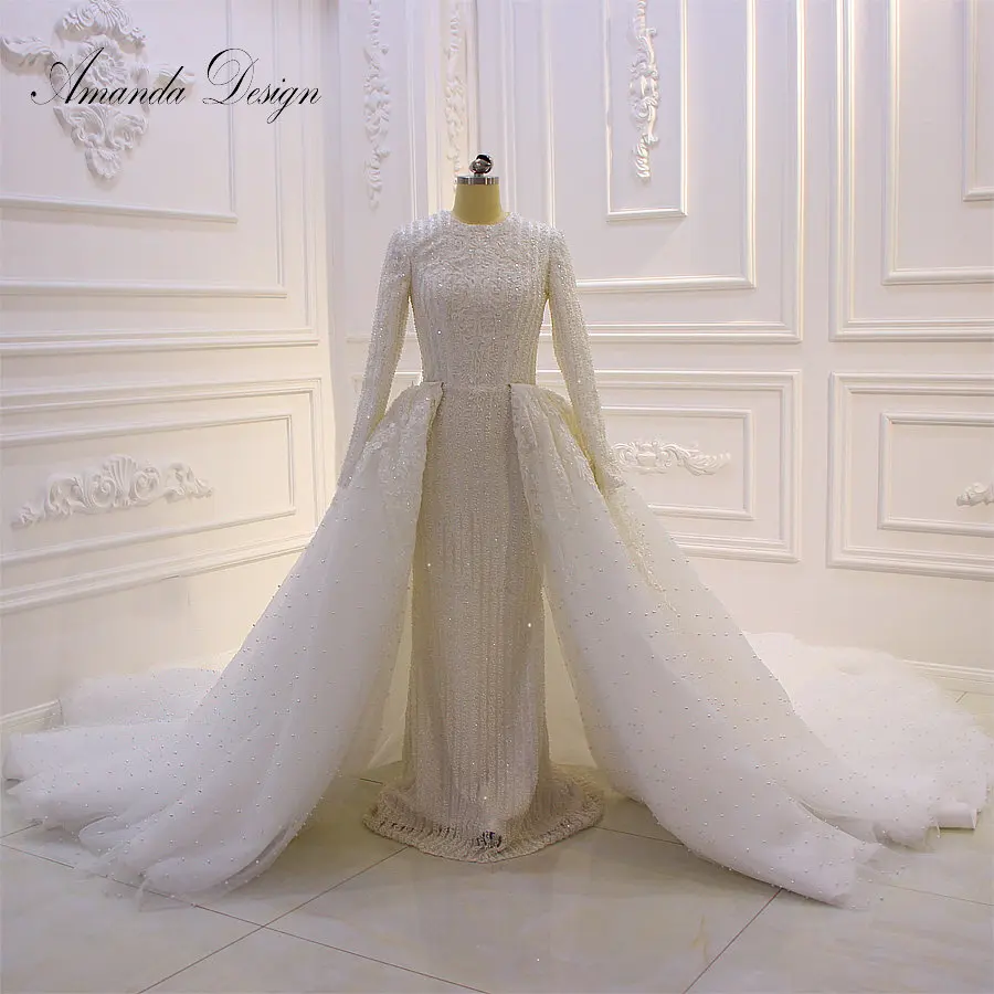 

Amanda Design robe de mariee 2019 Handwork Pearls Removable Skirt Muslim Wedding Dress Mermaid