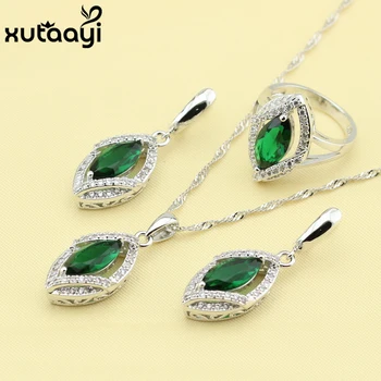 

Alluring Imitated Green Stones White CZ, Silver colorBridal Wedding Jewelry Set Earrings Necklace Pendant Rings Made In China