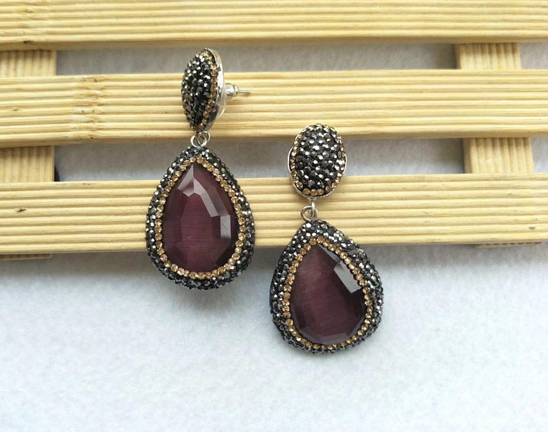 

1 Pair natural druzy druse Stone dangle Earrings handmade Drop purple Opal Earrings Pave Crystal Rhinestone Charm Jewelry ER29