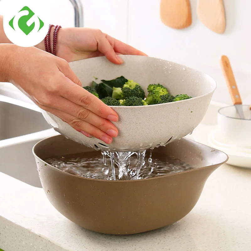 

Dual-use kitchen Storage Baskets Vegetable and fruit Wash wicker basket Wheat straw basket organizer Salad Double drain screen