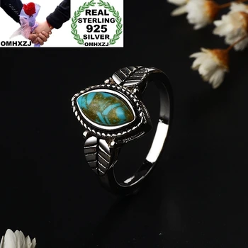 

OMHXZJ Wholesale European Fashion Woman Girl Party Birthday Wedding Gift Vintage Leaf Turquoise 925 Stering Silver Ring RR1035