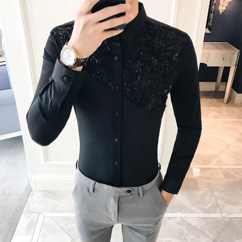 2019 Spring Shirt Men Sexy Lace Patchwork Men Shirt Long Sleeve Brand New Camisa Masculina Slim Fit Streetwear Prom Tuxedo 3XL