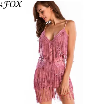 

Double Deep V Neck Sequined Open Back Sexy Women Summer Dress with Tassel 2019 Spaghetti Strap Dress Club Dresses Vestidos