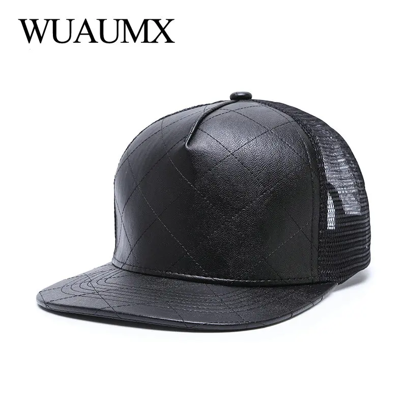 Wuaumx Streetwear Snapback Caps For Men Women Black PU leather Hip Hop