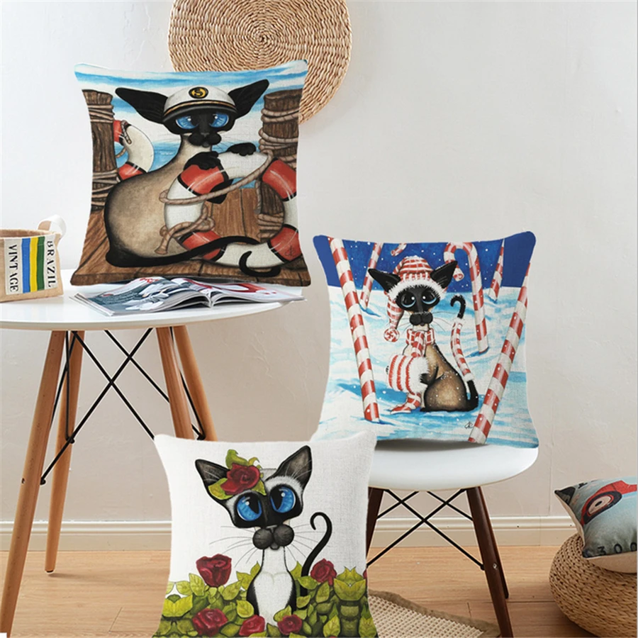 الكرتون الحيوان الكتان القطن مربع القط غطاء وسادة الزخرفية وسادة تغطي المخدة الخضراء الرئيسية مكتب أريكة ديكور المنزل b156