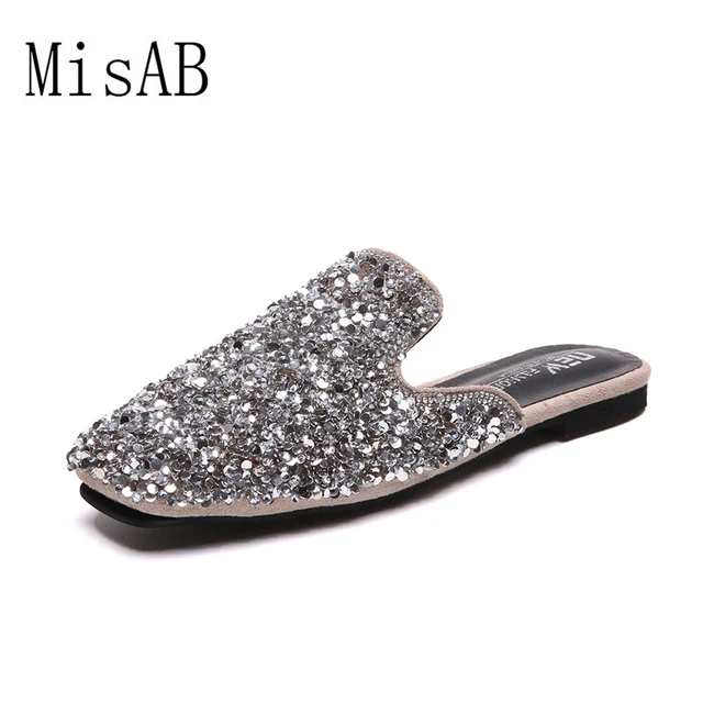 women slippers flats spring summer pantufa bling loafers crytal slides sequin square toes outdoor mules slippers 39 women shoes 