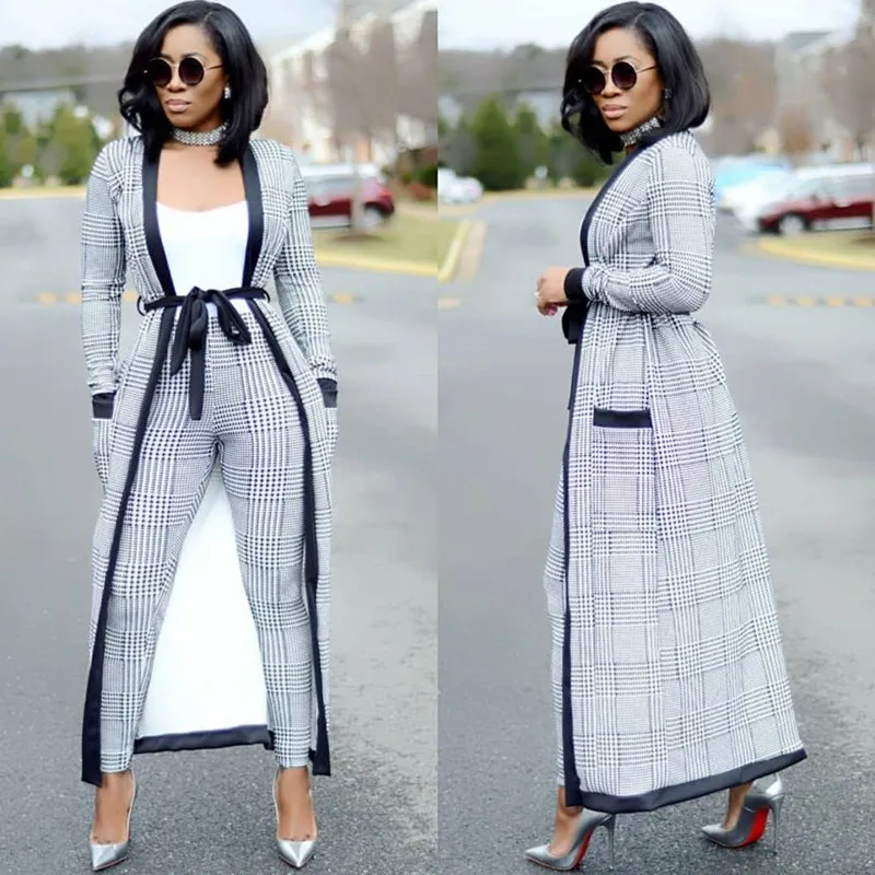 2018 Fashion Sexy Overcoat and Slim Pants Plaid Two Piece Sets Long Sashes Trench Cardigan and Bodycon Pants Suit Summer Outfits 2018 Fashion Sexy Overcoat and Slim Pants Plaid Two Piece Sets Long Sashes Trench Cardigan and Bodycon Pants Suit Summer Outfits