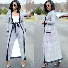 2018 Fashion Sexy Overcoat and Slim Pants Plaid Two Piece Sets Long Sashes Trench Cardigan and Bodycon Pants Suit Summer Outfits
