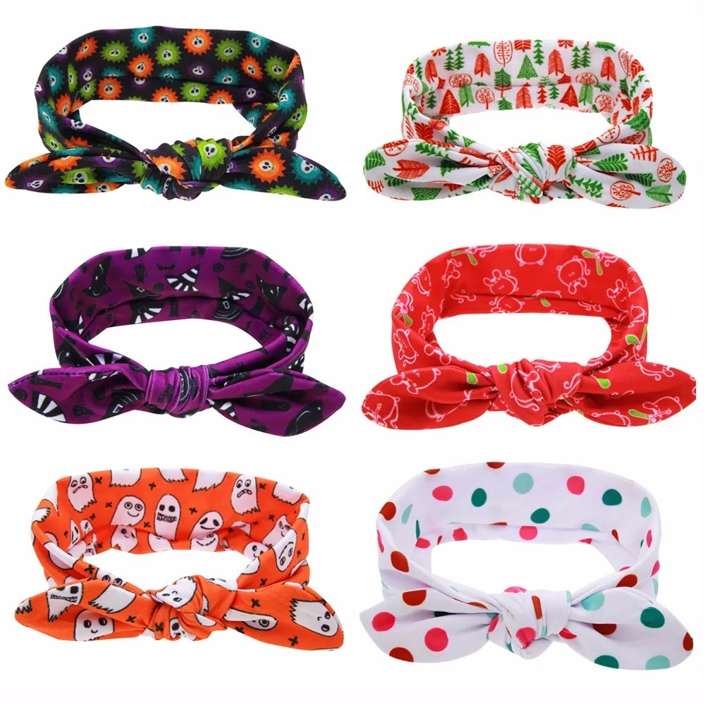 

12pc/lot Girls Children Halloween Elasticity Headbands Turban Rabbit Ears Bow Knot Hairband Accessories Kid Headwear kt59