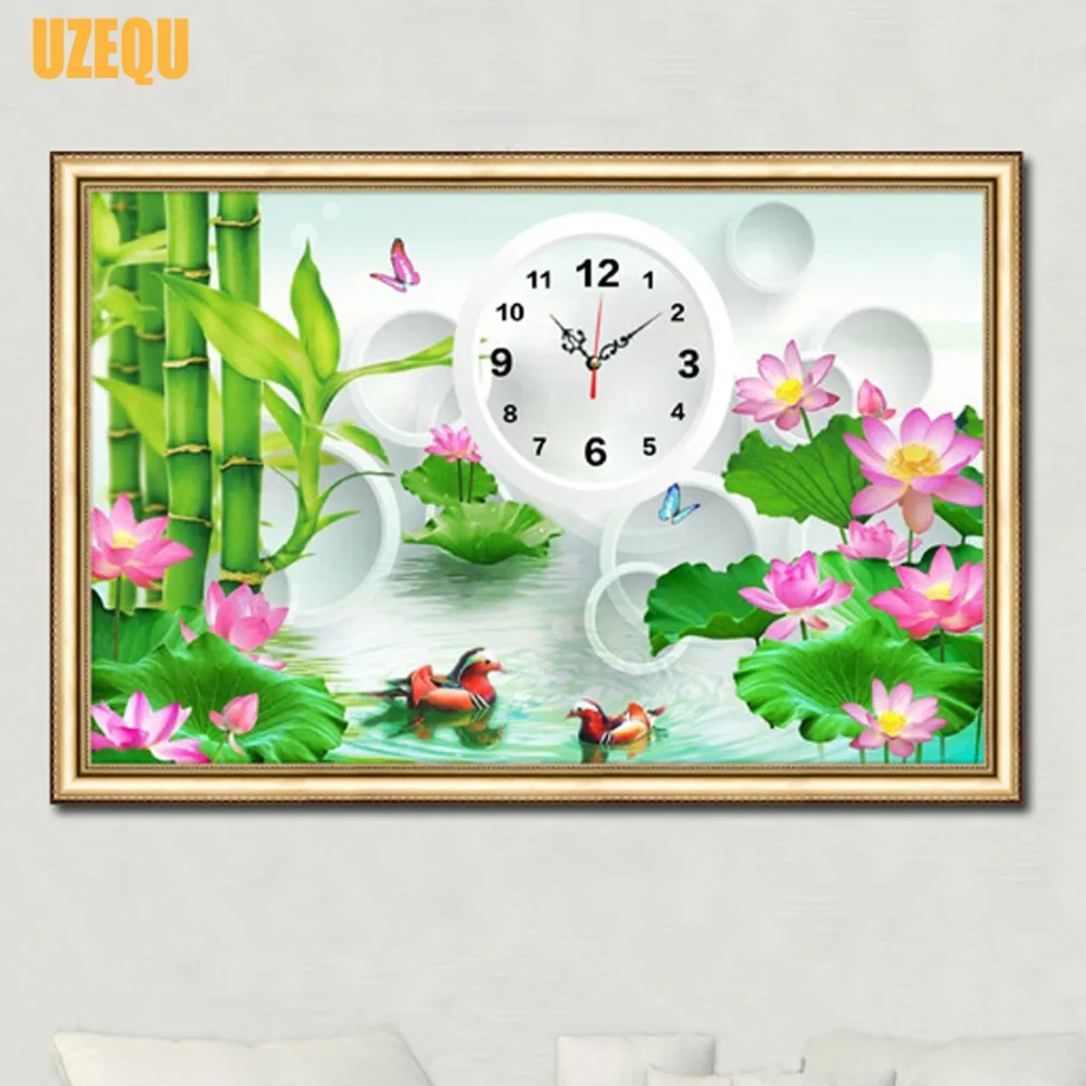 

UzeQu 5D DIY Diamond Painting Cross Stitch Wall Clock Flower Lotus 3D Diamond Embroidery Full Round Mosaic Painting Rhinestones