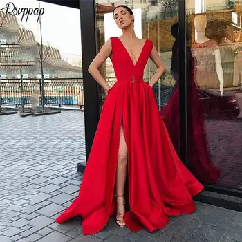 

Long Evening Dress 2020 Elegant New Arrival Simple V-neck High Slit Lebanon Dubai Women Arabic Red Satin Formal Evening Gowns