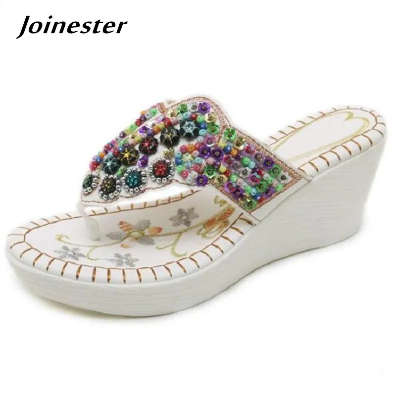 

Ladies Bohemia Style String Beaded Thong Sandals Womens Casual Summer Beach Shoes Fashion Wedges Flip Flops Mid Heel Slippers