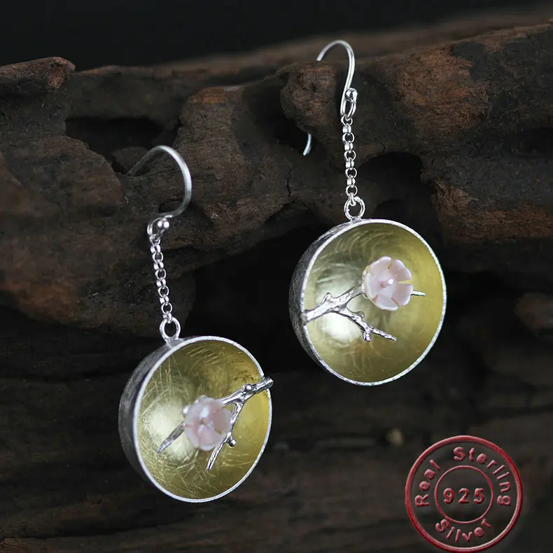 

Amxiu Real 925 Sterling Silver Natural Shell Handmade Fine Jewelry The Aroma of Wintersweet Dangle Earrings for Women Brincos