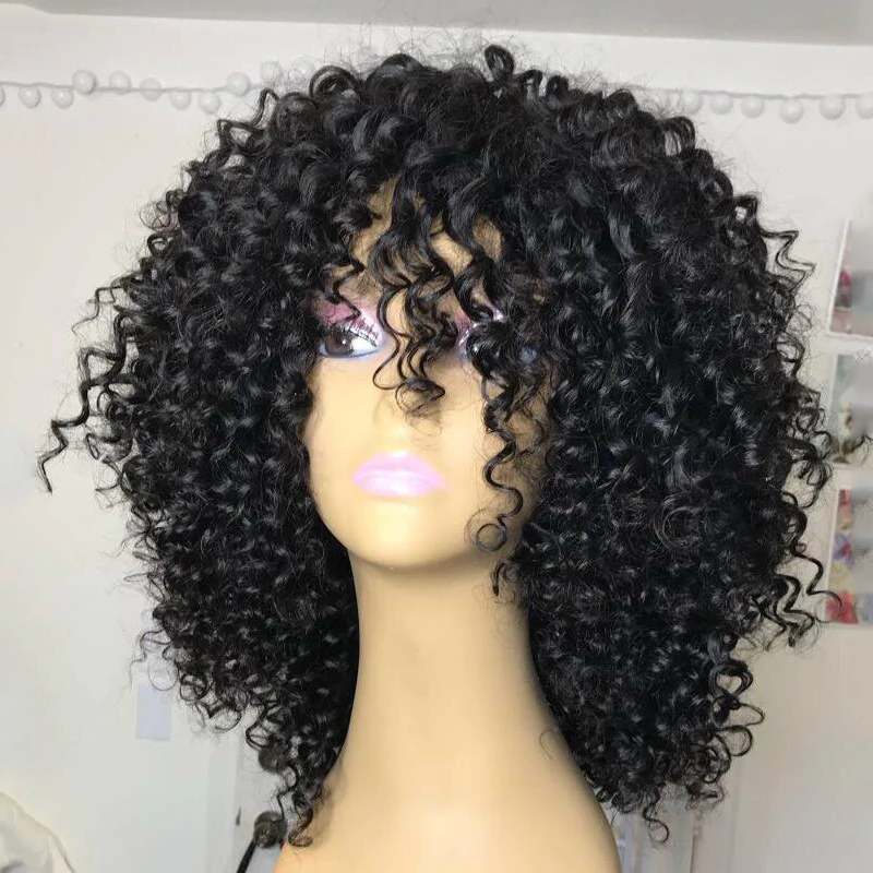 Pelucas de pelo humano de encaje 13x6 de densidad 250 con flequillo pelucas de encaje brasileño rizado profundo para mujer negro remy predesplumado 150% y 180%
