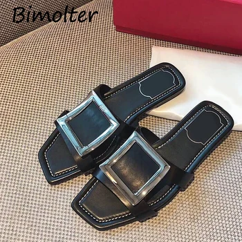 

Bimolter Women Slippers Basic Mutual Summer Women Brand Shoes Metal Decor Beach Slides Slip on Zapatos Mujer FC155
