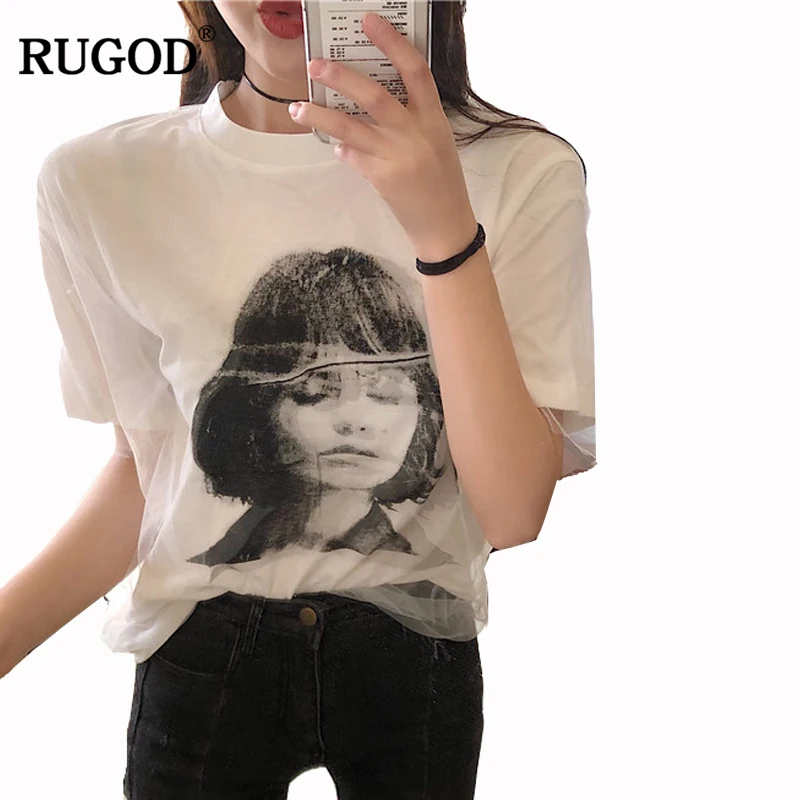 RUGOD шикарная белая сетчатая Лоскутная панк печать Harajuku футболка женская 2018
