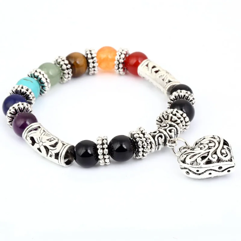 New Women 8mm Bracelets Bangles 7 Chakra Healing Balance Beads Heart Charm Bracelet For Female Reiki Prayer Stones Jewelry