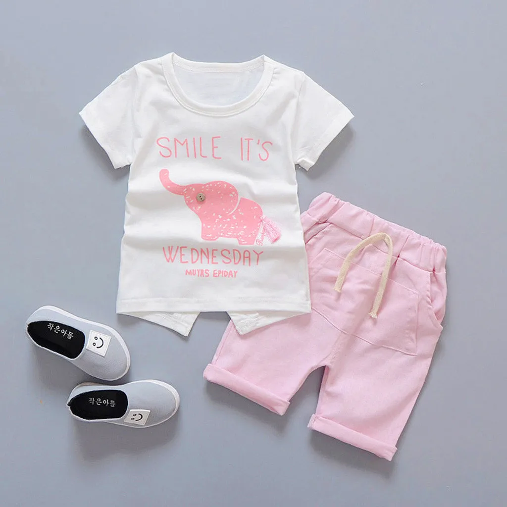 Детские комплекты для девочек обычный короткий рукав, модная детская летняя повседневная рубашка с рисунком для девочек и однотонные шорты Детская одежда для девочек