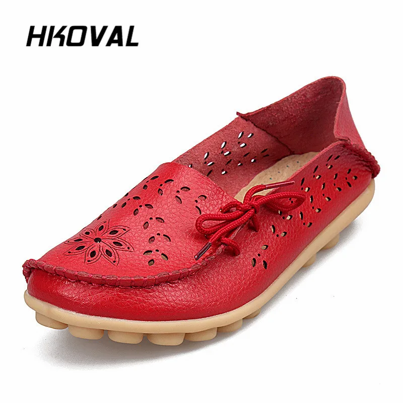 

HKOVAL Women Shoes Casual Genuine Leather Loafers Slip-On Female Flats Moccasins Ladies Driving Shoe Cut-Outs Mother Footwear