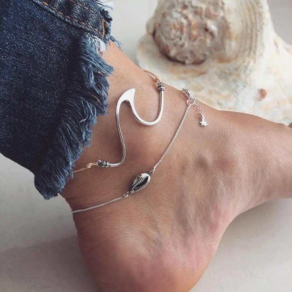 2Pcs/Set Bohemian Women Jewelry Surf Beach Mermaid Tail Silver Chain Anklet Gift 