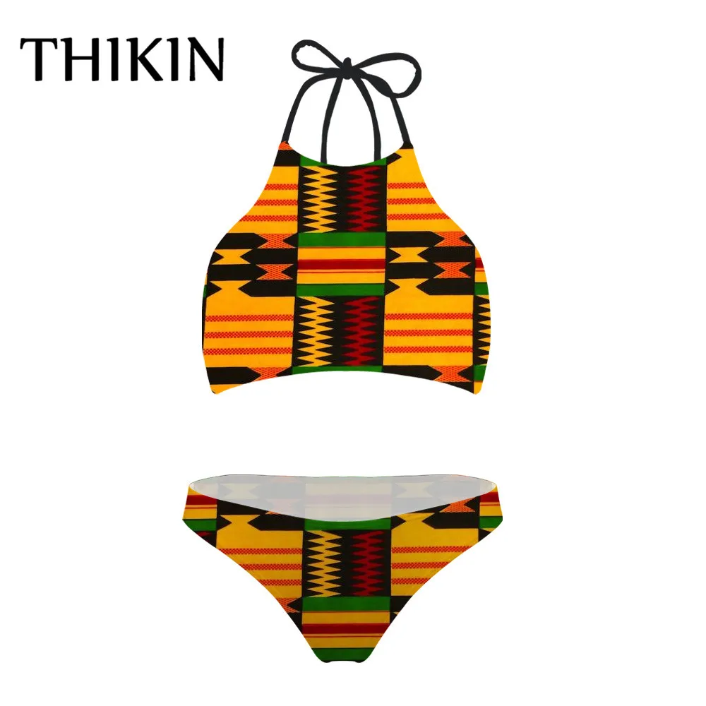 

THIKIN Swimsuit Retro African Printing Bikini Set Women High Neck Sexy Swimwear Female Push Up Brazilian Bikinis Swim Wear
