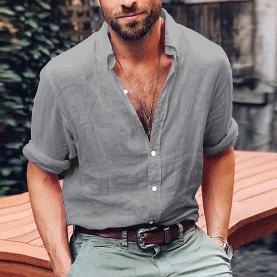 Men'S Linen White Solid Color Slim Fit Summer V Neck Tops&Tee Fashion Casual Long Sleeved