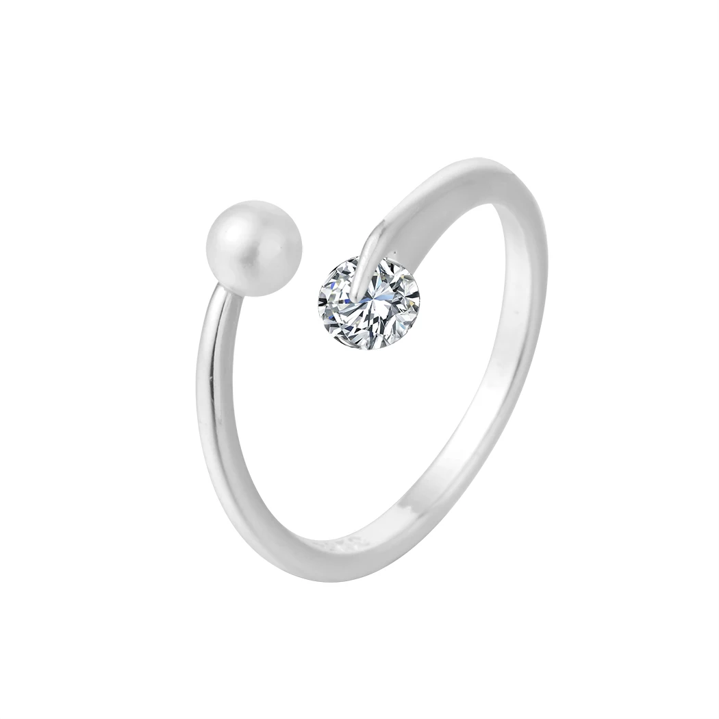 Todorova White Round Simulated Pearl Bead Tiny Rhinestones Crystal Rings for Women Adjustable Wedding Ring Silver Jewelry