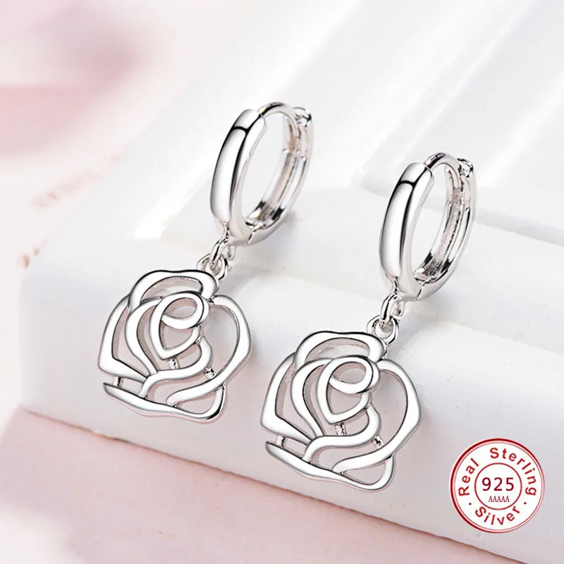 

Original 925 Sterling Silver Shimmering Hollow-out Rose Petals Flower Stud Earrings with Clear CZ Fashion Jewelry brincos