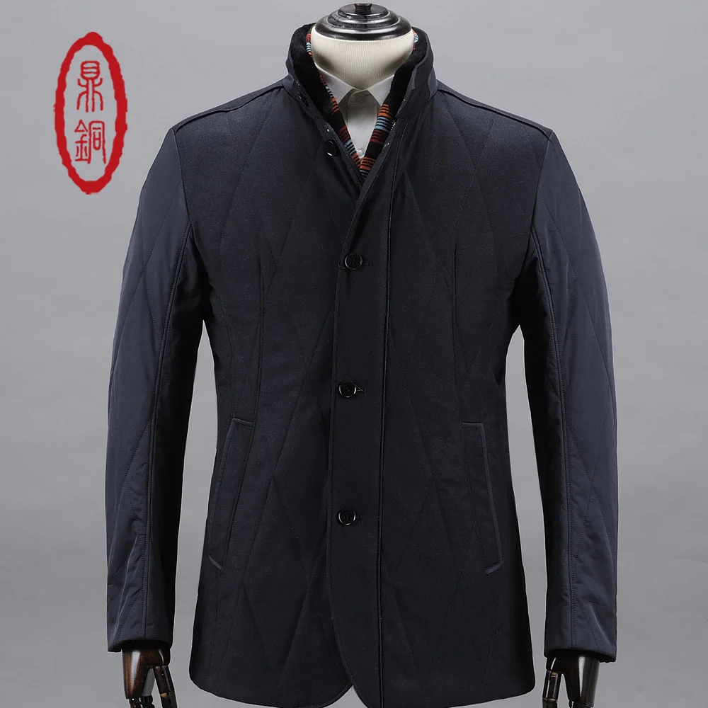 

DINGTONG Autumn Winter Padded Jacket Coats Men Casual Business Detachable Rex Rabbit Fur Collar Slim Overcoat