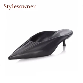 

Stylesowner pointed toe satin women slippers shallow mouth pleated design shoes kitted heel slingback outdoor shoe mujer zapatos