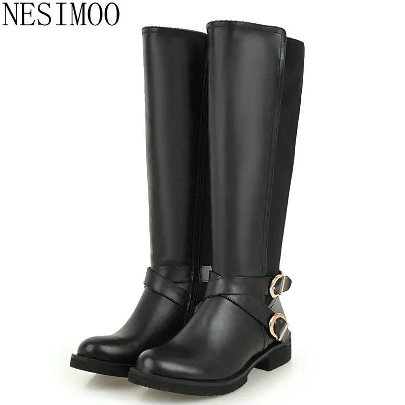 

NESIMOO 2019 Women Knee High Boots Fashion Women Shoes Winter Boots All Match Black White Square Heel Women Shoes Size 34-43